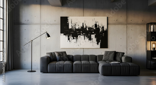 Modern living room showcasing elegant sofa and abstract art in a stylish home