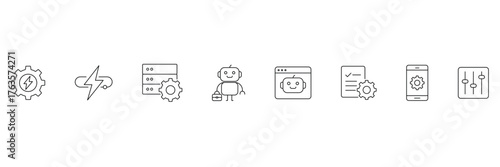 Business automation, ai technology, chatbot interface, mobile settings, workflow optimization, data management, robot assistant, control panel icon vector illustration