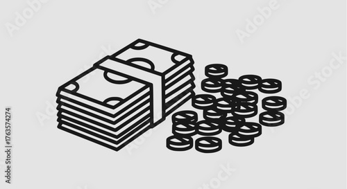 Stack of money and scattered coins icon: Finance, investment, and payment outline graphic