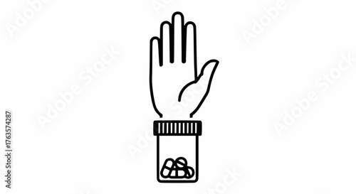 Hand rejecting pills from a bottle: Drug refusal, addiction, and sobriety line art