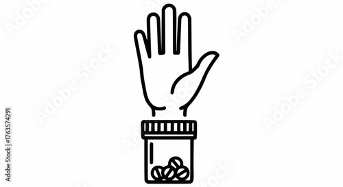 Hand rejecting pills from a bottle: Drug refusal, addiction, and sobriety line art