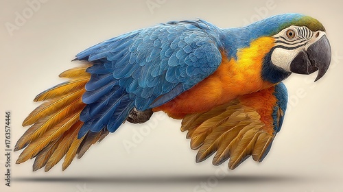 Top-angle 8K freeze-frame of macaw flapping on clean white, right negative space for social header/wallpaper/pack insert