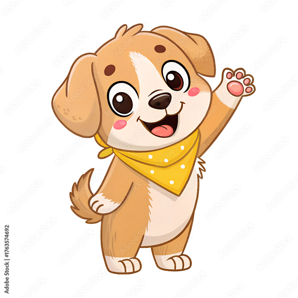 Fototapeta premium ​Adorable, cartoon puppy with big, round eyes and a joyful expression, wearing a bright yellow, polka-dot bandana, cheerfully waving hello
