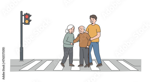 Family helping seniors cross the street safely in urban setting