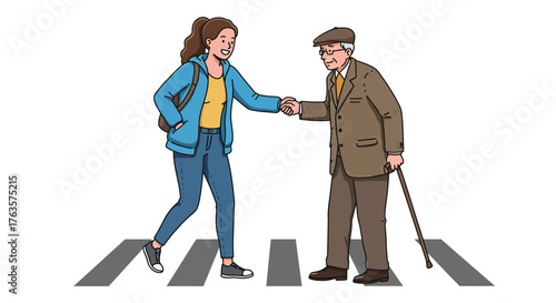 Young woman helps elderly man cross the street with care and kindness