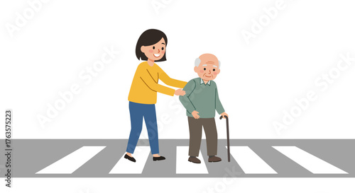 Helping elderly person crosswalk - caring young woman assists senior citizen…