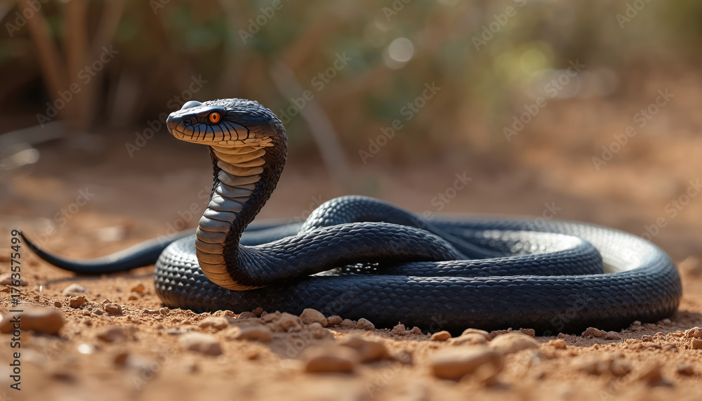 Fototapeta premium Black mamba snake coiled on ground with head raised. Venomous reptile in savanna habitat. Dangerous animal with orange eyes and scales on dry land with rocks and vegetation in background.