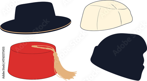 Illustration of four different hats including a fez and a beanie hat
