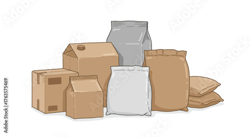 Assorted paper and cardboard packaging in cartoon style