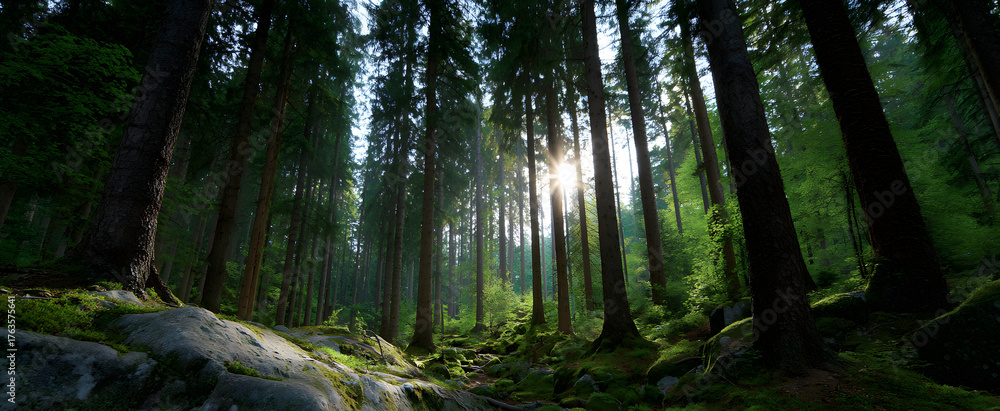 Obraz premium The sunlit clearing feels tranquil embraced by towering green trees in the forest