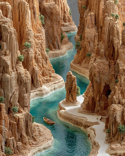 Miniature model of a boat navigating a turquoise river through a stunning, arid canyon landscape with rock formations