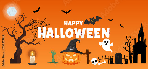 Happy Halloween featuring a jack-o'-lantern with a witch hat, surrounded by a spooky graveyard with a castle silhouette, ghost, skull, and bats against an orange night sky. Vector illustration.