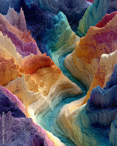 Vibrant abstract digital landscape A colorful river valley winds through textured, layered peaks in a mesmerizing pixel art style, creating a fantastical voxel world