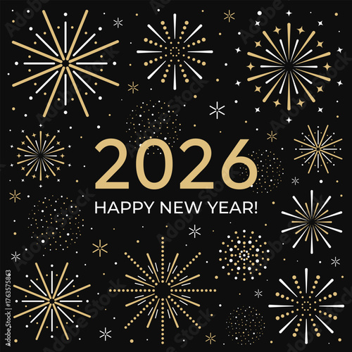 Fireworks background for Happy New Year 2026. Square banner with congratulations. Vector illustration.