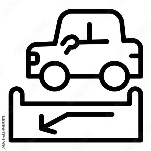 Car and parking space with arrow line icon, driver license concept. Vector graphics. Parking test for drivers sign on white background, style icon mobile or web design.