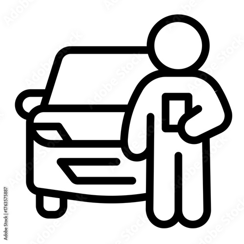 Instructor man with car vehicle line icon, driver license concept. Vector graphics. Man with test paper and transport sign on white background, style icon mobile or web design.
