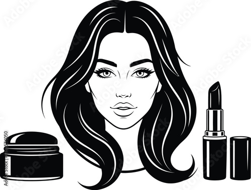 Woman's face with makeup products in black and white illustration art