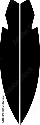 Surf board silhouette. This image shows a black silhouette of a surfboard with a pointed top and a slightly concave bottom, ideal for aquatic sports. Vector clipart illustration design