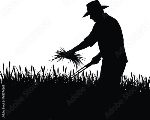 Farmer silhouette harvesting crops or reeds in field agriculture vector illustration