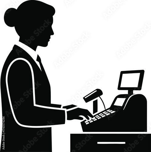 Female Cashier Operating POS System Icon Black Silhouette Vector
