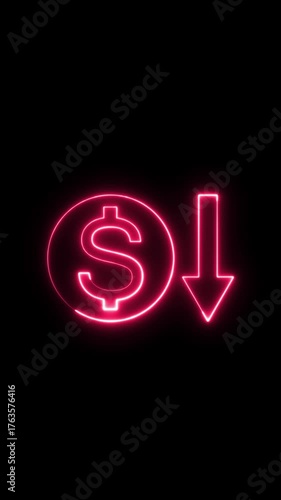Glowing neon sign dollar down animation