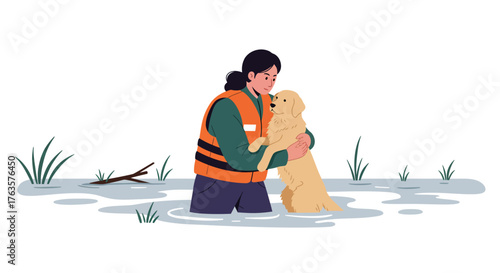 Rescue worker holding dog in flooded area with safety vest