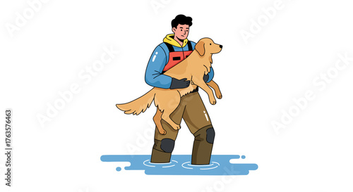 Man rescuing dog from flood in modern cartoon style illustration