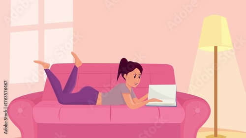 Animated woman relaxing on sofa reading book, comfort, leisure, and home lifestyle concept