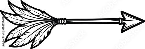 Black and white vector illustration of a traditional feathered arrow with a sharp arrowhead in a bold graphic style