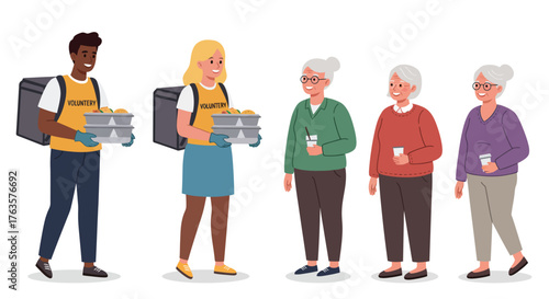 Volunteers delivering meals to elderly people in a community service scene