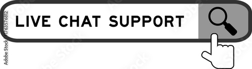 Search banner in word live chat support with hand over magnifier icon on white background