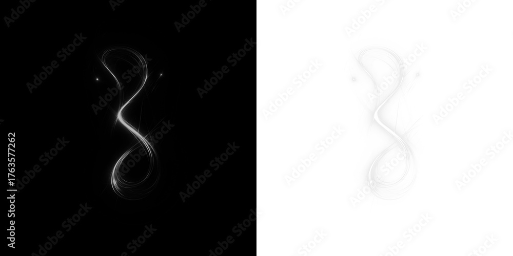 Obraz premium Abstract infinity symbol design with luminous light trails on contrasting black and white backgrounds, representing endless possibilities and creative potential in visual art