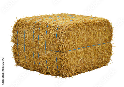 Photos Isolated haystack of dry straw tied with blue baling twine, square bale for farm