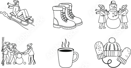 Winter activities and winter clothing vector illustration set