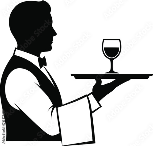 Professional waiter silhouette serving wine on a tray vector icon for fine dining and restaurant service symbol