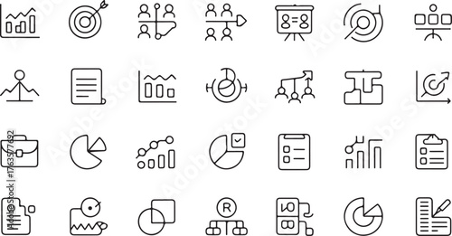 Collection of business and data analysis icons in black outline style chart