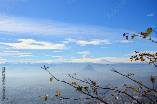 .a view of Elbrus and the Caucasus Mountains on an autumn morning from the top of Mount Mashuk in Pyatigorsk