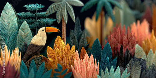 Vibrant stylized illustration of a nocturnal tropical jungle, with a colorful toucan amidst lush exotic, textured plants and towering trees, depicting a serene wild ecosystem