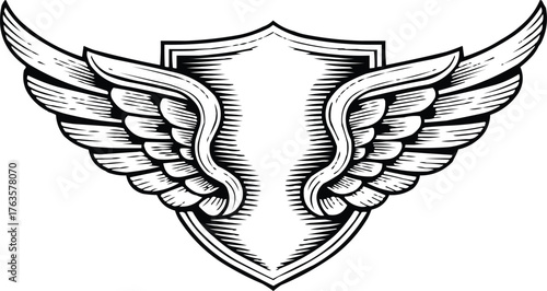 Winged Shield Emblem Vintage Heraldic Crest in Black Outline Vector