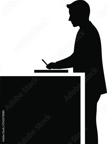 Male Silhouette Signing Document or Voting at Counter Vector Icon