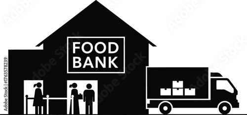 Food Bank Building Icon with Queueing People and Delivery Truck Silhouette Vector