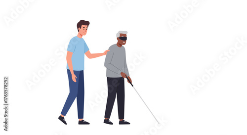 Young man assisting blind elderly man with walking cane in minimalist style
