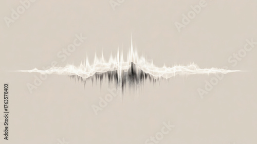 Minimalist digital soundwave visualization with white and black waveform spikes forming a symmetrical abstract shape on a neutral beige background.