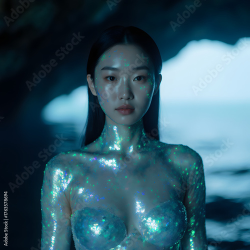 Asian woman with iridescent glitter body paint and shimmering sequins in ethereal blue atmospheric fantasy portrait photography
