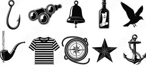 Collection of nautical themed black and white vector illustrations