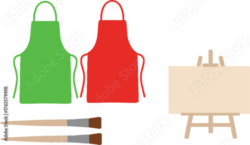 Illustration of painting supplies including aprons and paint palette