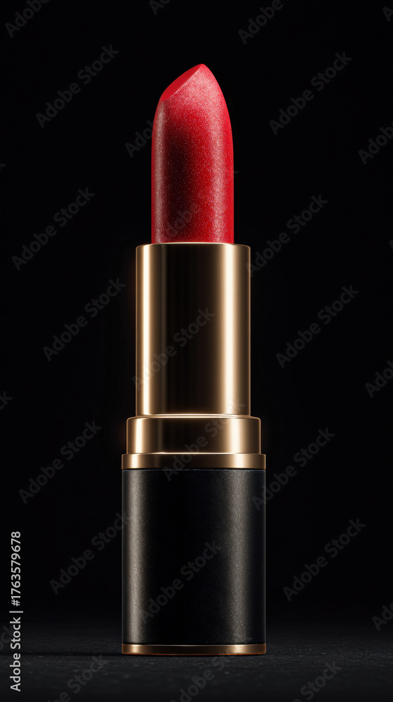 Obraz premium Luxurious red lipstick with sleek black and gold casing, showcasing vibrant and glossy finish. product stands out against dark background, emphasizing its elegance and allure