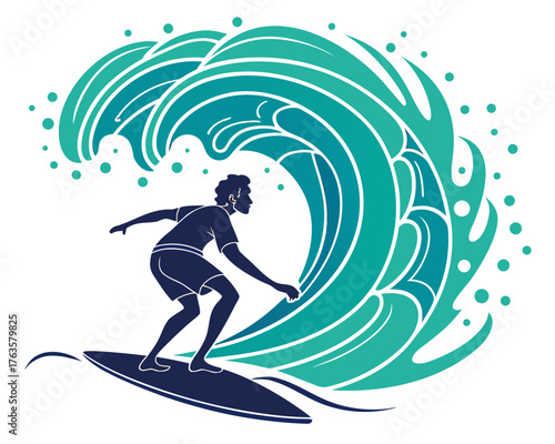 Silhouette of a surfer riding waves, minimal vector illustration