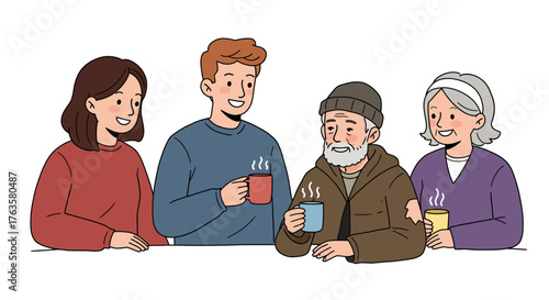 Family gathering with hot beverages in a cozy decorative style