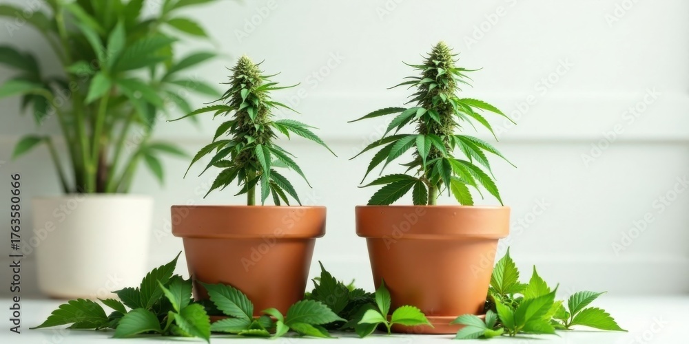 Fototapeta premium Cultivating Cannabis Plants in Terracotta Pots A Close-Up View of Healthy Indoor Growth